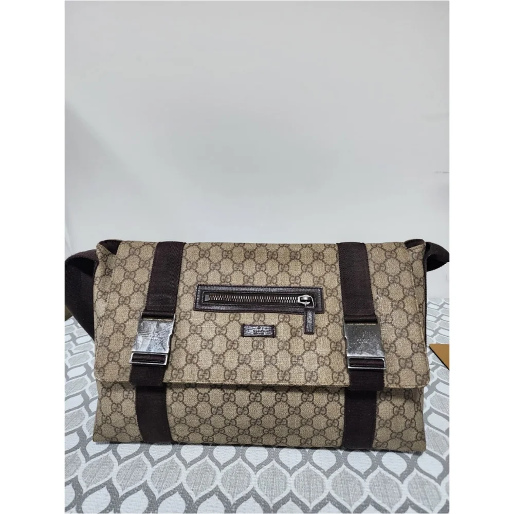 GUCCI GG Plus Monogram Double Buckle Flap Messenger Bag Beige/Brown